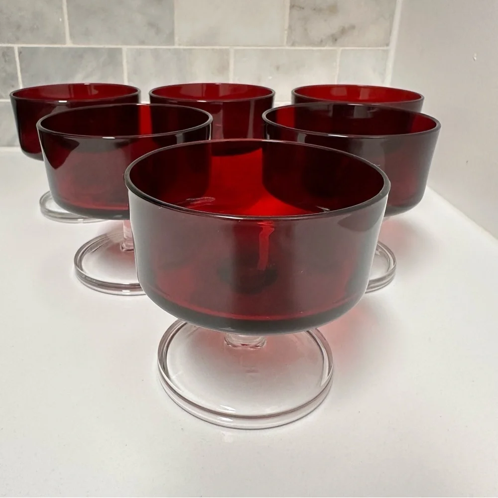 6 Vintage MCM Ruby Red Arcoroc Dessert Sorbet Cups Clear Stem Holiday Best EUC